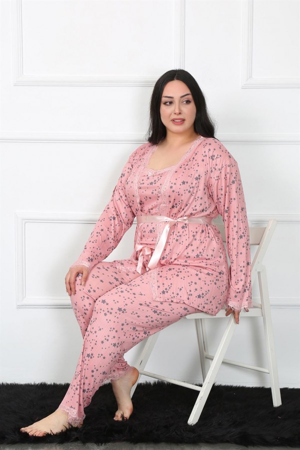 Moda Çizgi Kadın Büyük Beden 3'lü Sabahlık Takım 7722