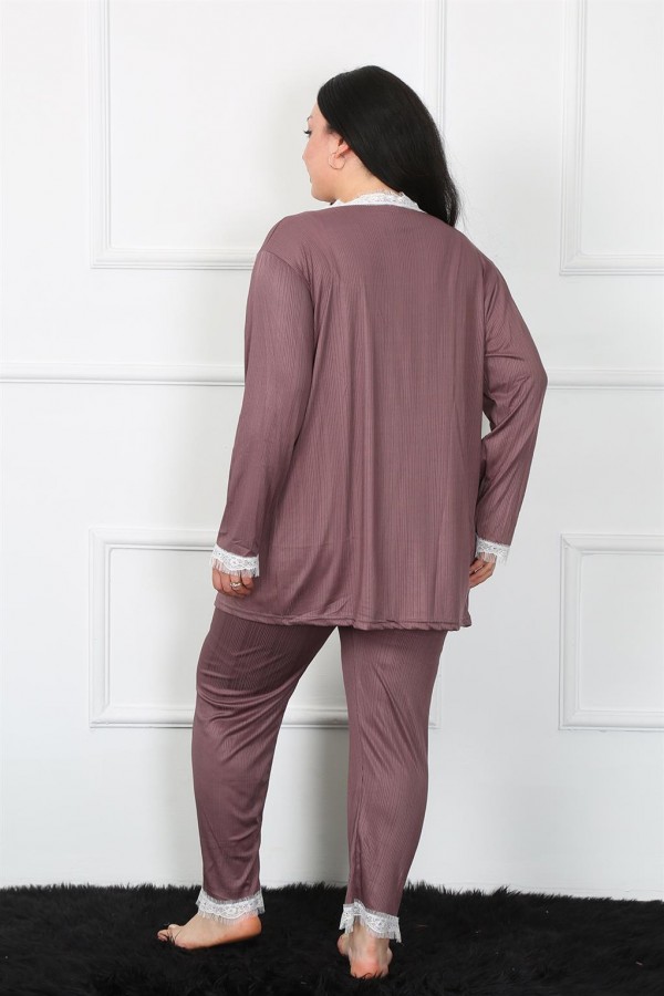 Moda Çizgi Kadın Büyük Beden 3'lü Sabahlık Takım 7723