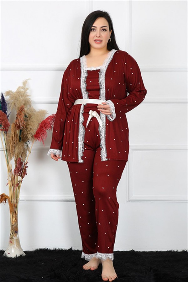 Moda Çizgi Kadın Büyük Beden Bordo 3'lü Sabahlık Takım 7720