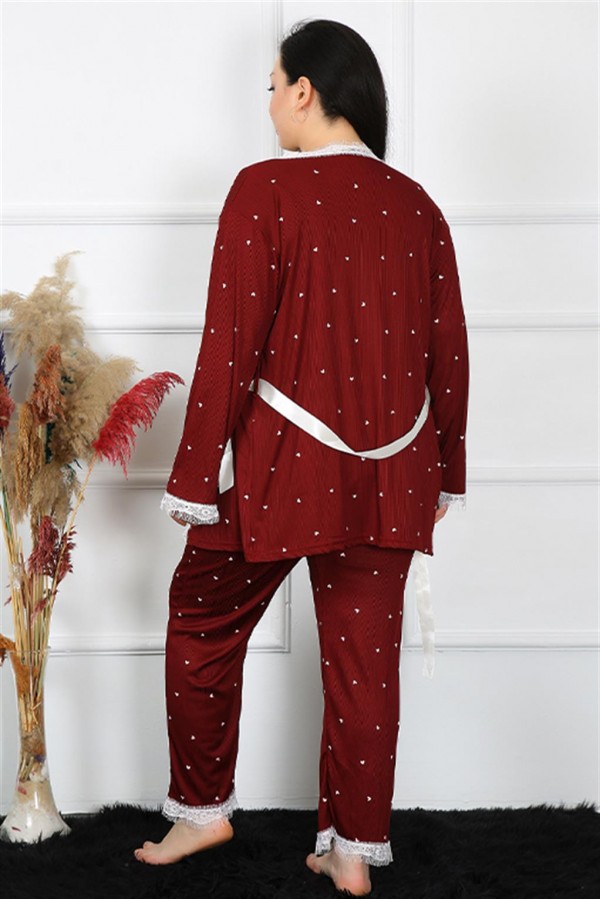 Moda Çizgi Kadın Büyük Beden Bordo 3'lü Sabahlık Takım 7720