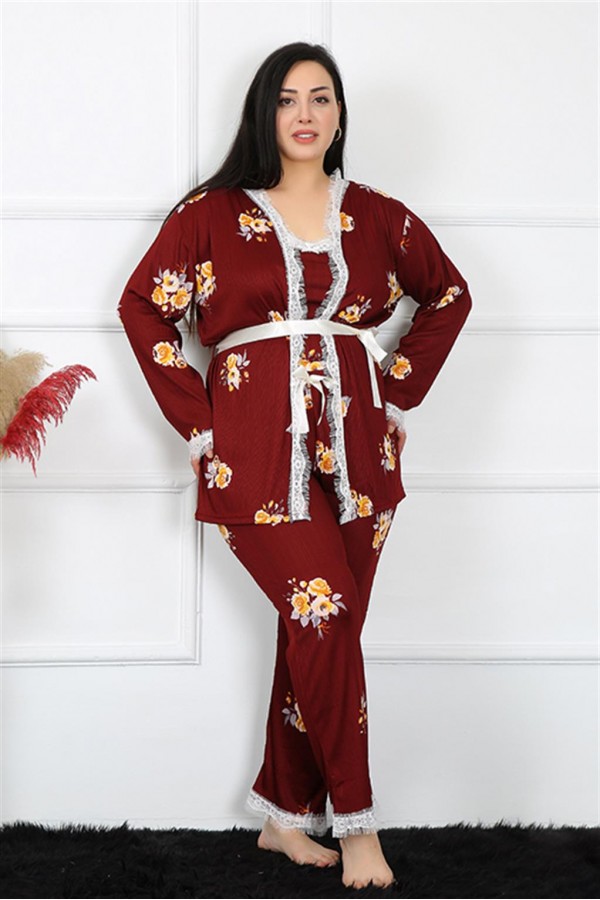 Moda Çizgi Kadın Büyük Beden Çiçekli 3'lü Sabahlık Takım 7720