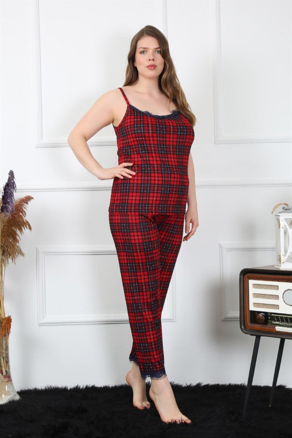 Moda Çizgi Kadın Büyük Beden Kırmızı Ekoseli İp Askılı Pijama Takım 202197