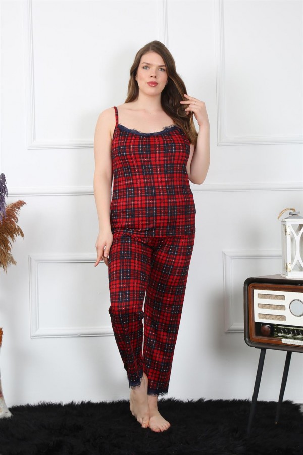 Moda Çizgi Kadın Büyük Beden Kırmızı Ekoseli İp Askılı Pijama Takım 202197