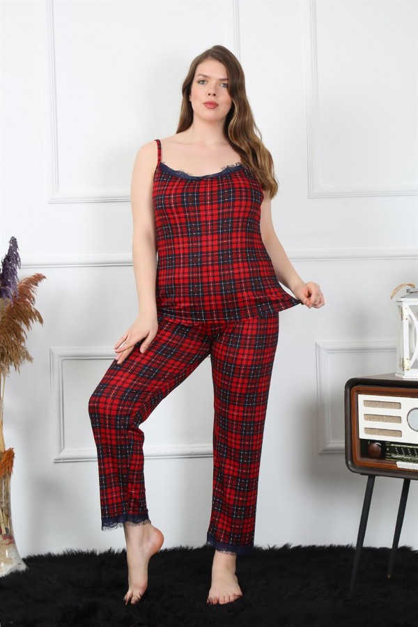 Moda Çizgi Kadın Büyük Beden Kırmızı Ekoseli İp Askılı Pijama Takım 202197