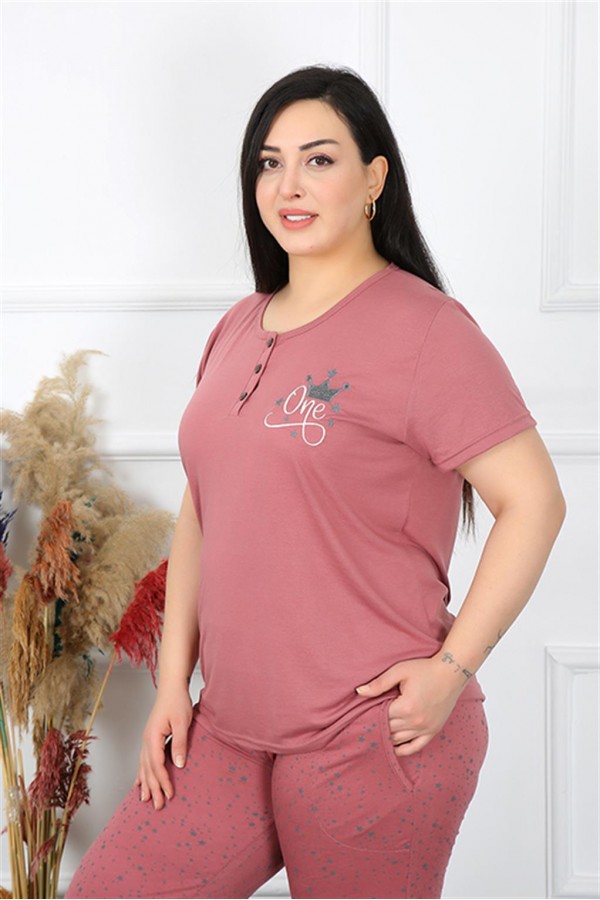 Moda Çizgi Kadın Büyük Beden Kısa Kol Pijama Takım 202186