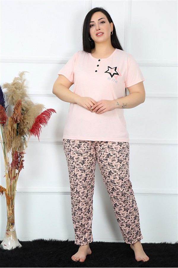 Moda Çizgi Kadın Büyük Beden Kısa Kol Pijama Takım 202187