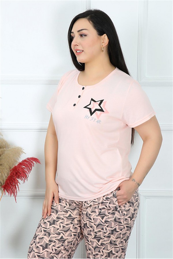 Moda Çizgi Kadın Büyük Beden Kısa Kol Pijama Takım 202187