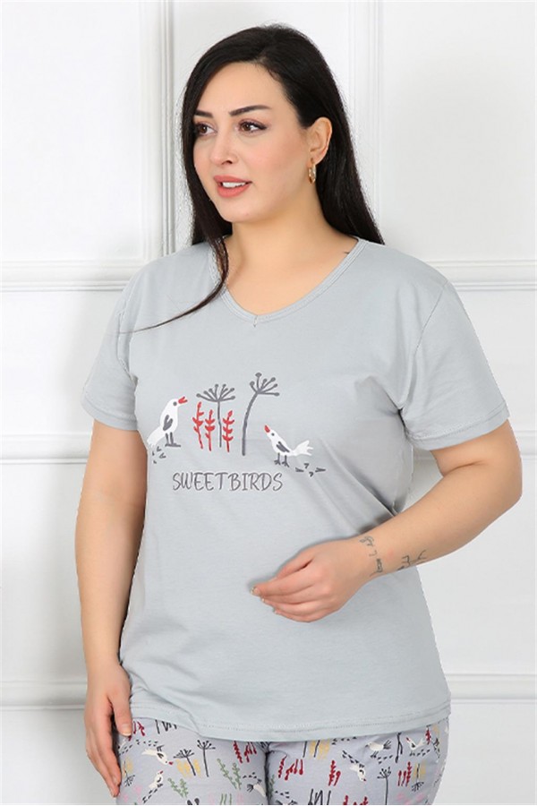 Moda Çizgi Kadın Büyük Beden Kısa Kol Pijama Takım 202189