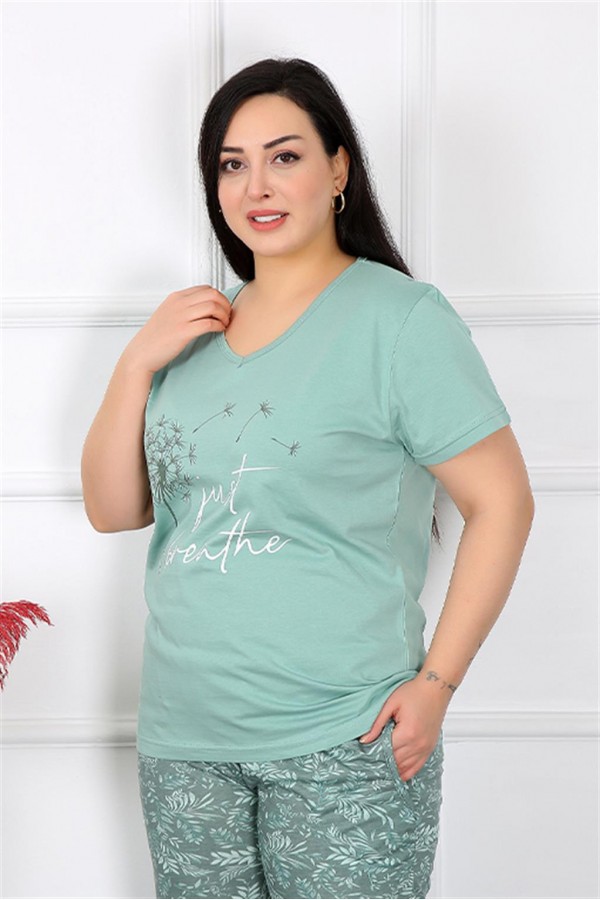 Moda Çizgi Kadın Büyük Beden Kısa Kol Pijama Takım 202191