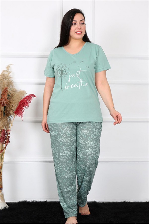 Moda Çizgi Kadın Büyük Beden Kısa Kol Pijama Takım 202191
