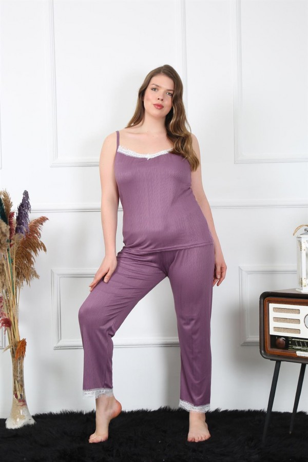 Moda Çizgi Kadın Büyük Beden Mürdüm İp Askılı Pijama Takım 202195