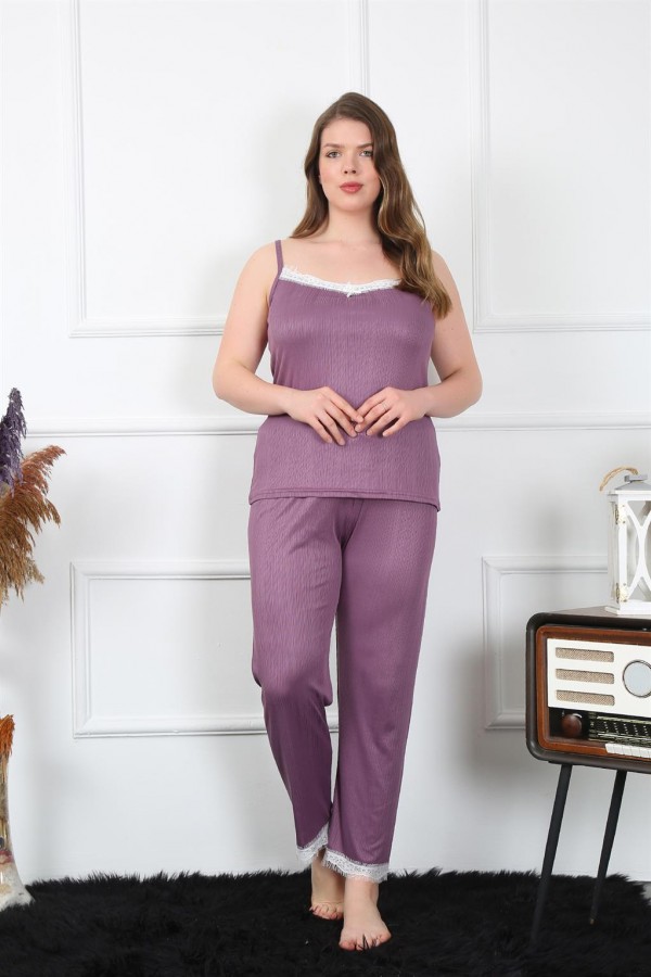 Moda Çizgi Kadın Büyük Beden Mürdüm İp Askılı Pijama Takım 202195