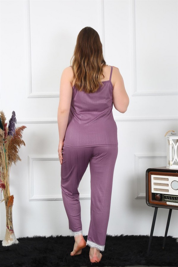 Moda Çizgi Kadın Büyük Beden Mürdüm İp Askılı Pijama Takım 202195