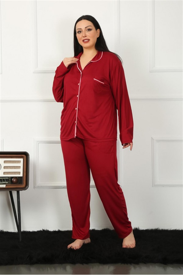 Moda Çizgi Kadın Büyük Beden Önden Düğmeli Bordo Pijama Takım 202185