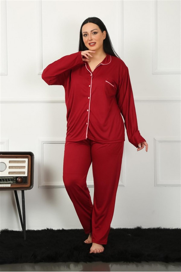 Moda Çizgi Kadın Büyük Beden Önden Düğmeli Bordo Pijama Takım 202185