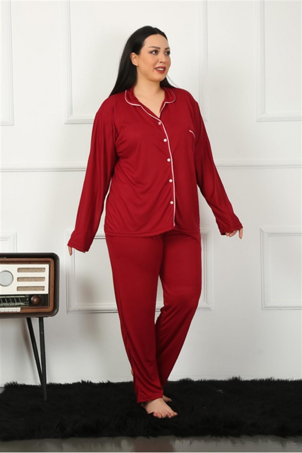 Moda Çizgi Kadın Büyük Beden Önden Düğmeli Bordo Pijama Takım 202185
