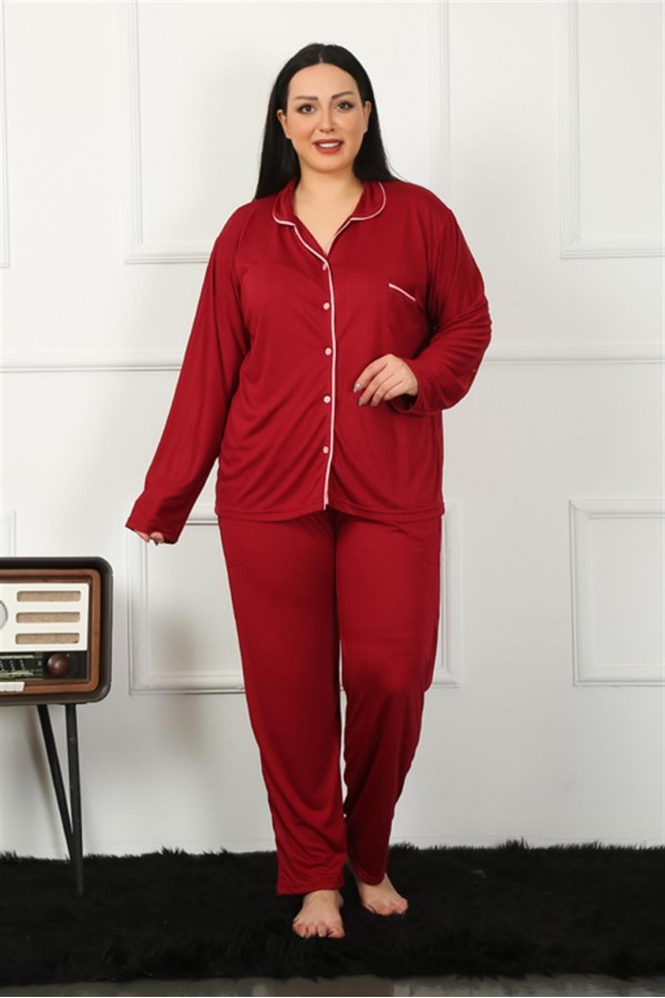 Moda Çizgi Kadın Büyük Beden Önden Düğmeli Bordo Pijama Takım 202185