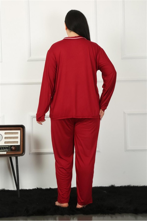 Moda Çizgi Kadın Büyük Beden Önden Düğmeli Bordo Pijama Takım 202185
