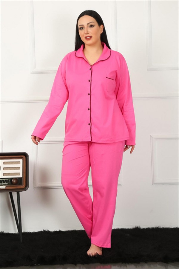 Moda Çizgi Kadın Büyük Beden Önden Düğmeli Fuşya Pijama Takım 202185