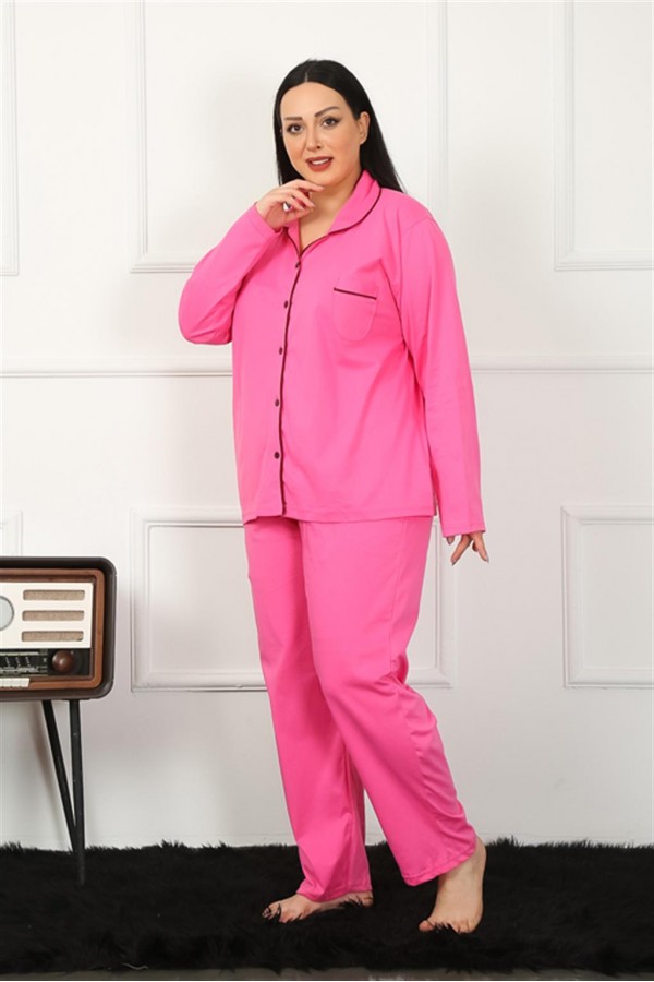 Moda Çizgi Kadın Büyük Beden Önden Düğmeli Fuşya Pijama Takım 202185