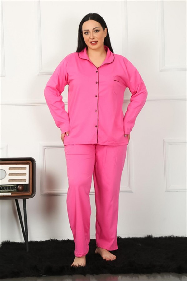 Moda Çizgi Kadın Büyük Beden Önden Düğmeli Fuşya Pijama Takım 202185