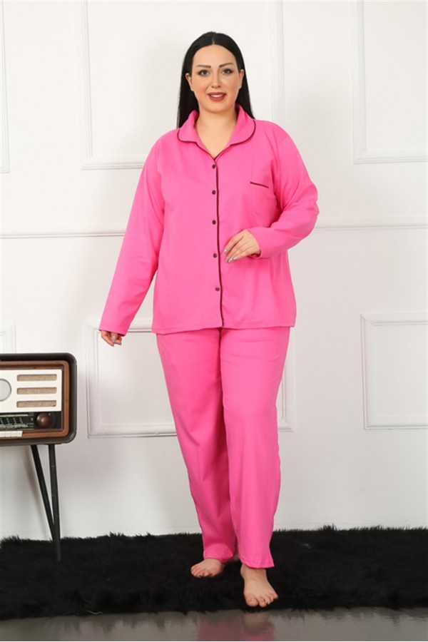 Moda Çizgi Kadın Büyük Beden Önden Düğmeli Fuşya Pijama Takım 202185