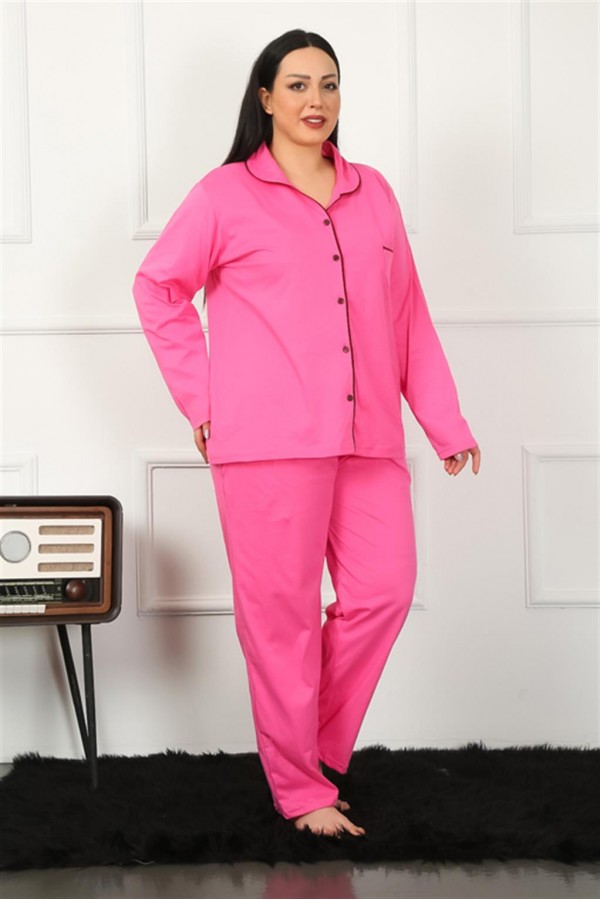 Moda Çizgi Kadın Büyük Beden Önden Düğmeli Fuşya Pijama Takım 202185