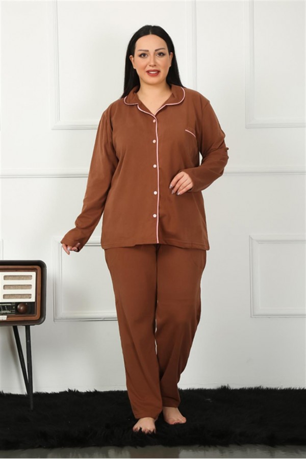 Moda Çizgi Kadın Büyük Beden Önden Düğmeli Kahve Pijama Takım 202185