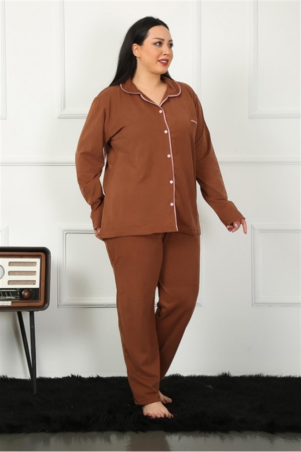 Moda Çizgi Kadın Büyük Beden Önden Düğmeli Kahve Pijama Takım 202185