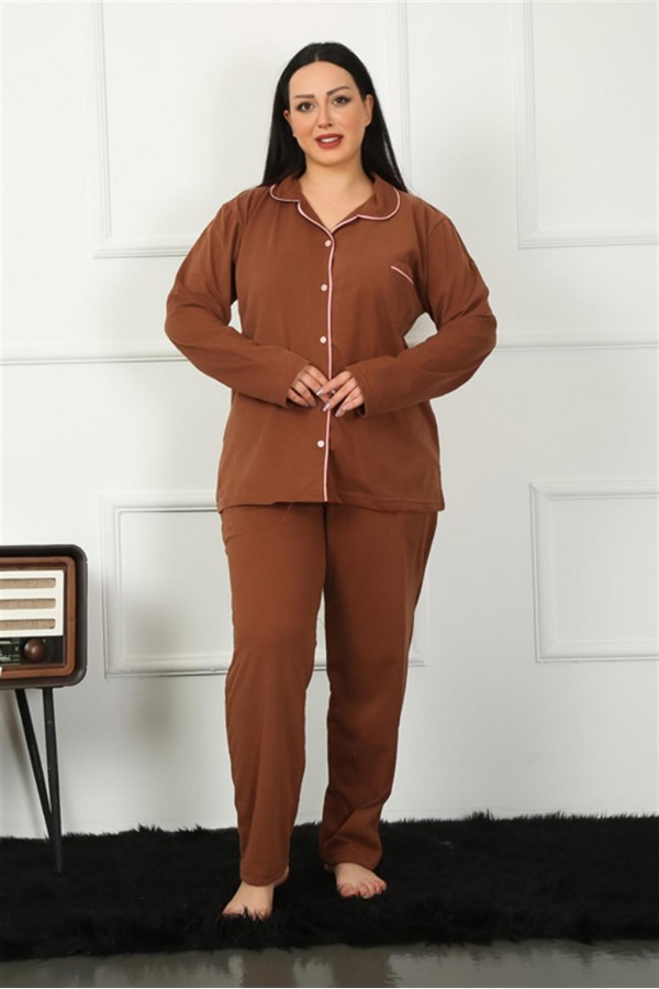 Moda Çizgi Kadın Büyük Beden Önden Düğmeli Kahve Pijama Takım 202185