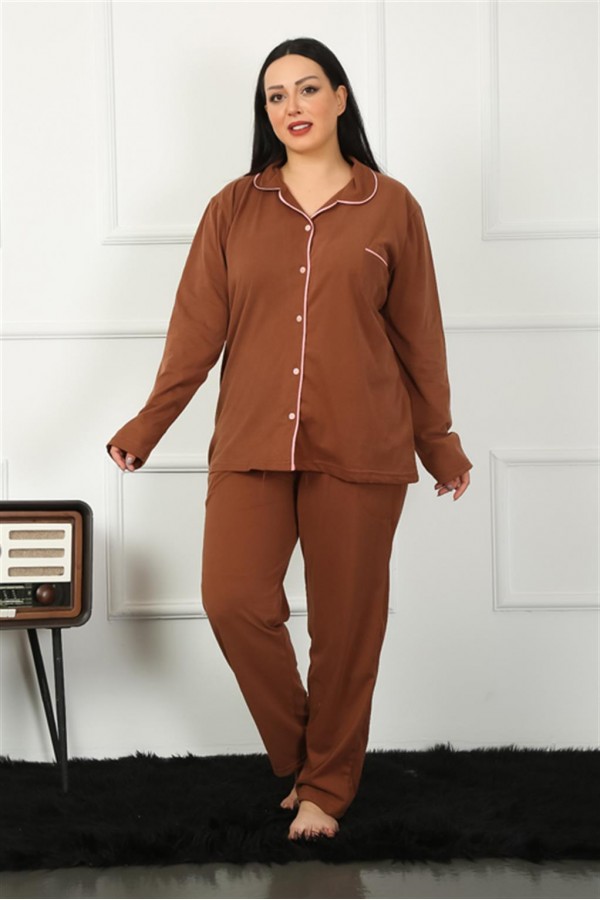 Moda Çizgi Kadın Büyük Beden Önden Düğmeli Kahve Pijama Takım 202185