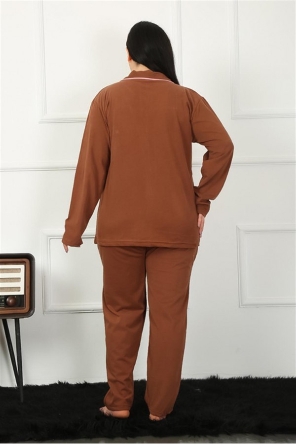 Moda Çizgi Kadın Büyük Beden Önden Düğmeli Kahve Pijama Takım 202185
