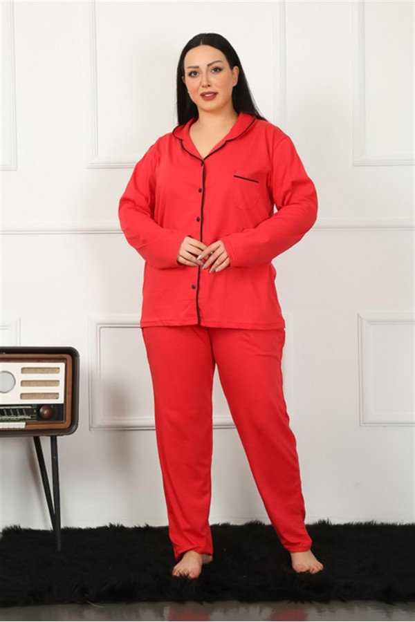 Moda Çizgi Kadın Büyük Beden Önden Düğmeli Kırmızı Pijama Takım 202185