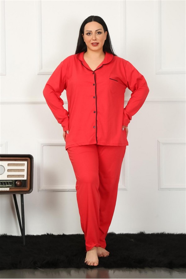Moda Çizgi Kadın Büyük Beden Önden Düğmeli Kırmızı Pijama Takım 202185