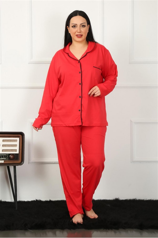 Moda Çizgi Kadın Büyük Beden Önden Düğmeli Kırmızı Pijama Takım 202185