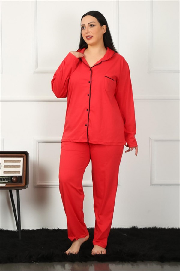 Moda Çizgi Kadın Büyük Beden Önden Düğmeli Kırmızı Pijama Takım 202185