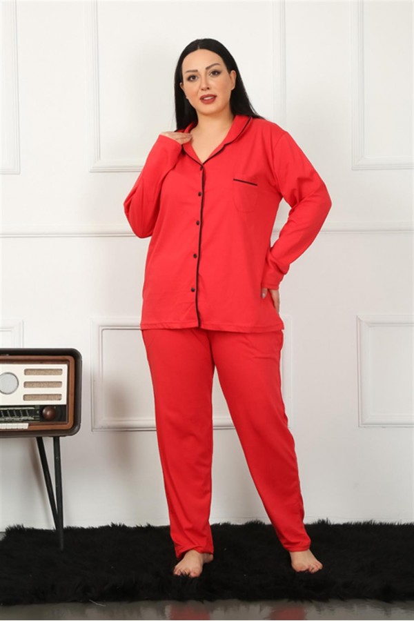 Moda Çizgi Kadın Büyük Beden Önden Düğmeli Kırmızı Pijama Takım 202185
