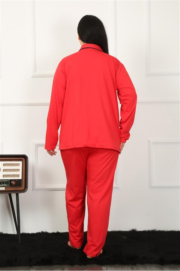 Moda Çizgi Kadın Büyük Beden Önden Düğmeli Kırmızı Pijama Takım 202185