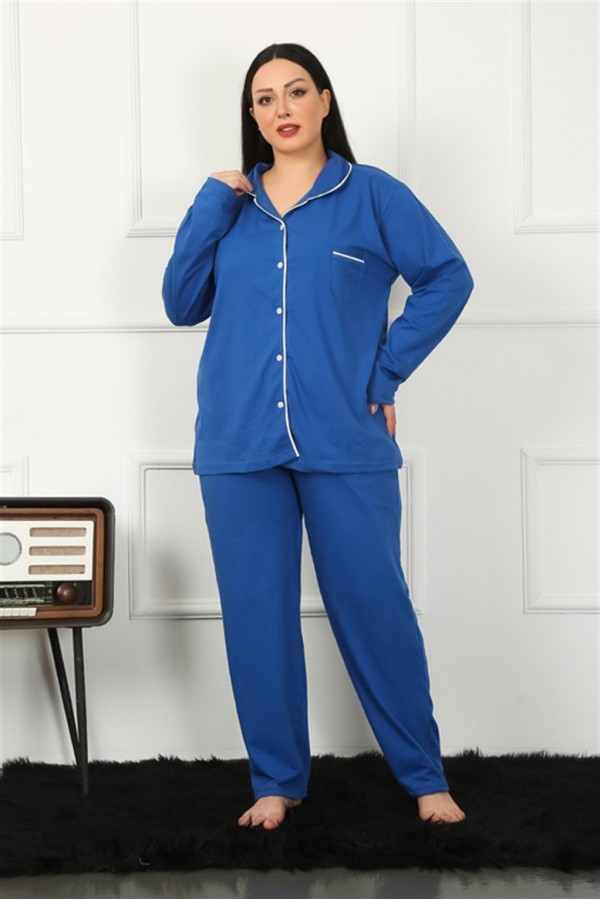 Moda Çizgi Kadın Büyük Beden Önden Düğmeli Parlement Pijama Takım 202185