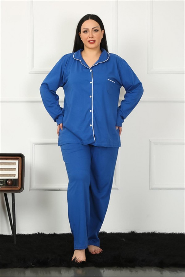 Moda Çizgi Kadın Büyük Beden Önden Düğmeli Parlement Pijama Takım 202185