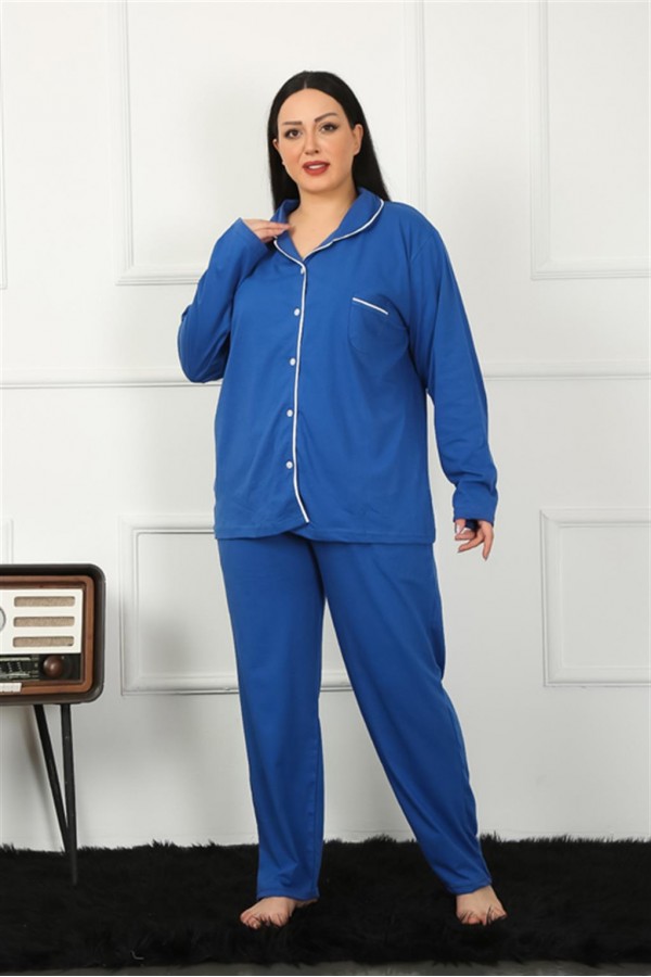 Moda Çizgi Kadın Büyük Beden Önden Düğmeli Parlement Pijama Takım 202185