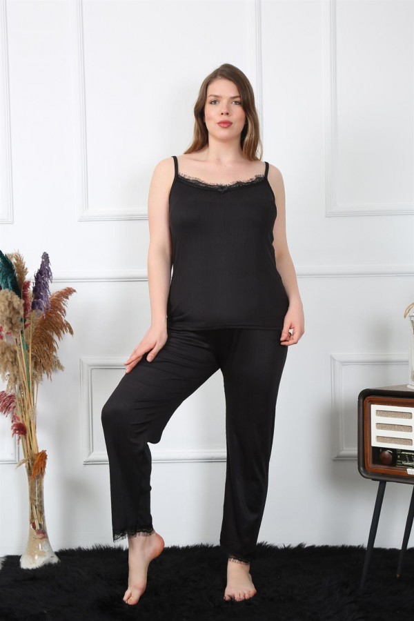 Moda Çizgi Kadın Büyük Beden Siyah İp Askılı Pijama Takım 202195