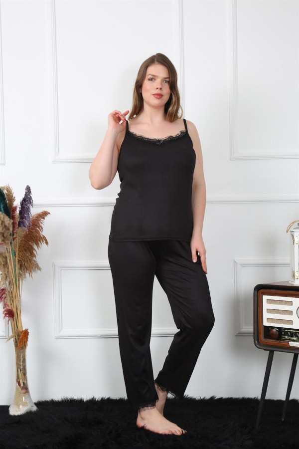 Moda Çizgi Kadın Büyük Beden Siyah İp Askılı Pijama Takım 202195