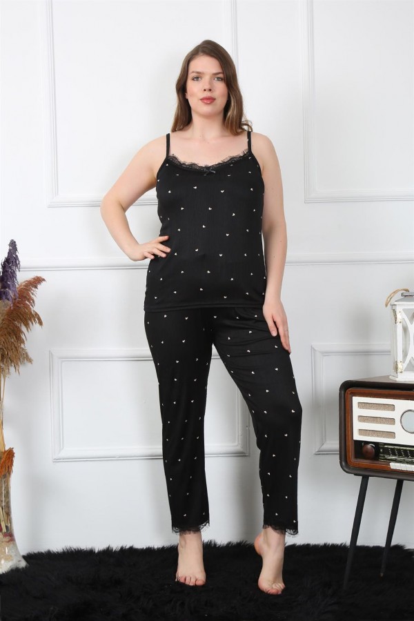 Moda Çizgi Kadın Büyük Beden Siyah İp Askılı Pijama Takım 202196