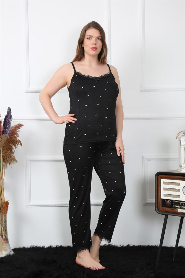 Moda Çizgi Kadın Büyük Beden Siyah İp Askılı Pijama Takım 202196