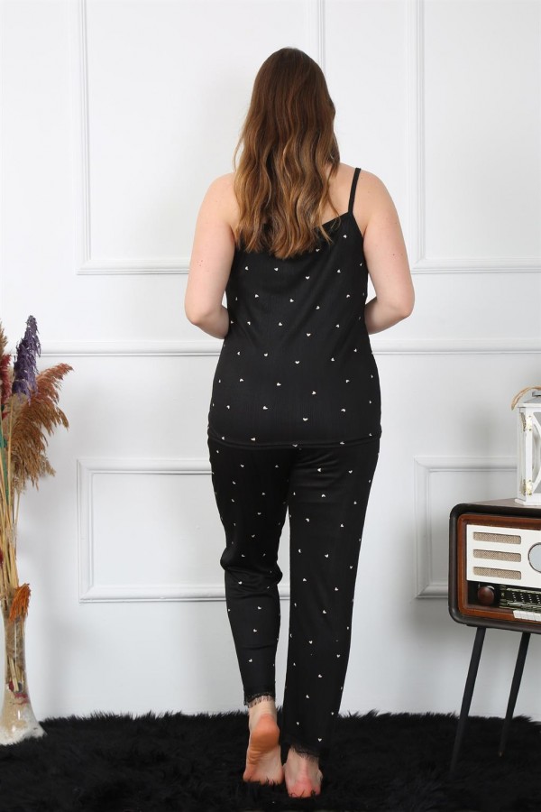 Moda Çizgi Kadın Büyük Beden Siyah İp Askılı Pijama Takım 202196