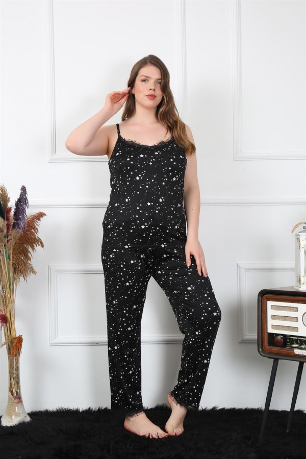 Moda Çizgi Kadın Büyük Beden Siyah İp Askılı Pijama Takım 202198