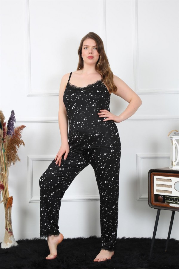 Moda Çizgi Kadın Büyük Beden Siyah İp Askılı Pijama Takım 202198