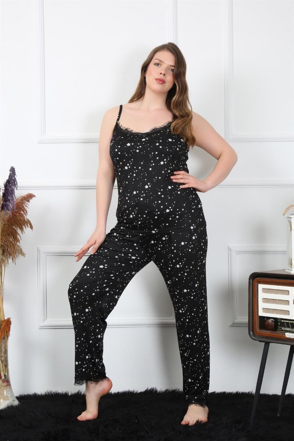 Moda Çizgi Kadın Büyük Beden Siyah İp Askılı Pijama Takım 202198
