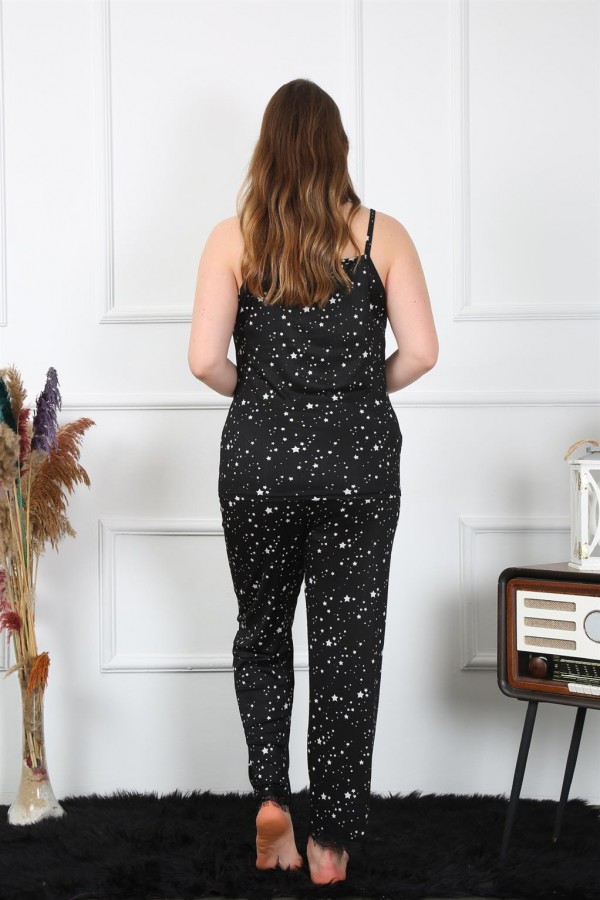 Moda Çizgi Kadın Büyük Beden Siyah İp Askılı Pijama Takım 202198